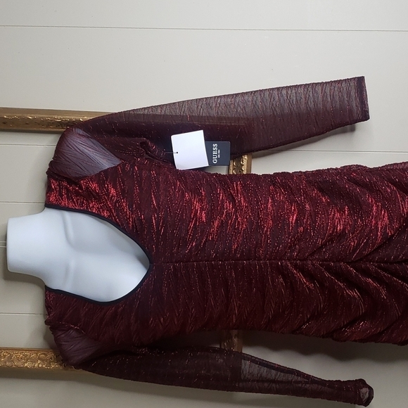 Guess Metallic V Neck Long Sheer Sleeve Ruched Knit Mini Dress - Picture 4 of 10